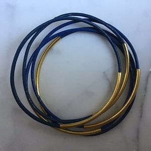 Navy Leather Bracelet Set of 5 with Gold Band